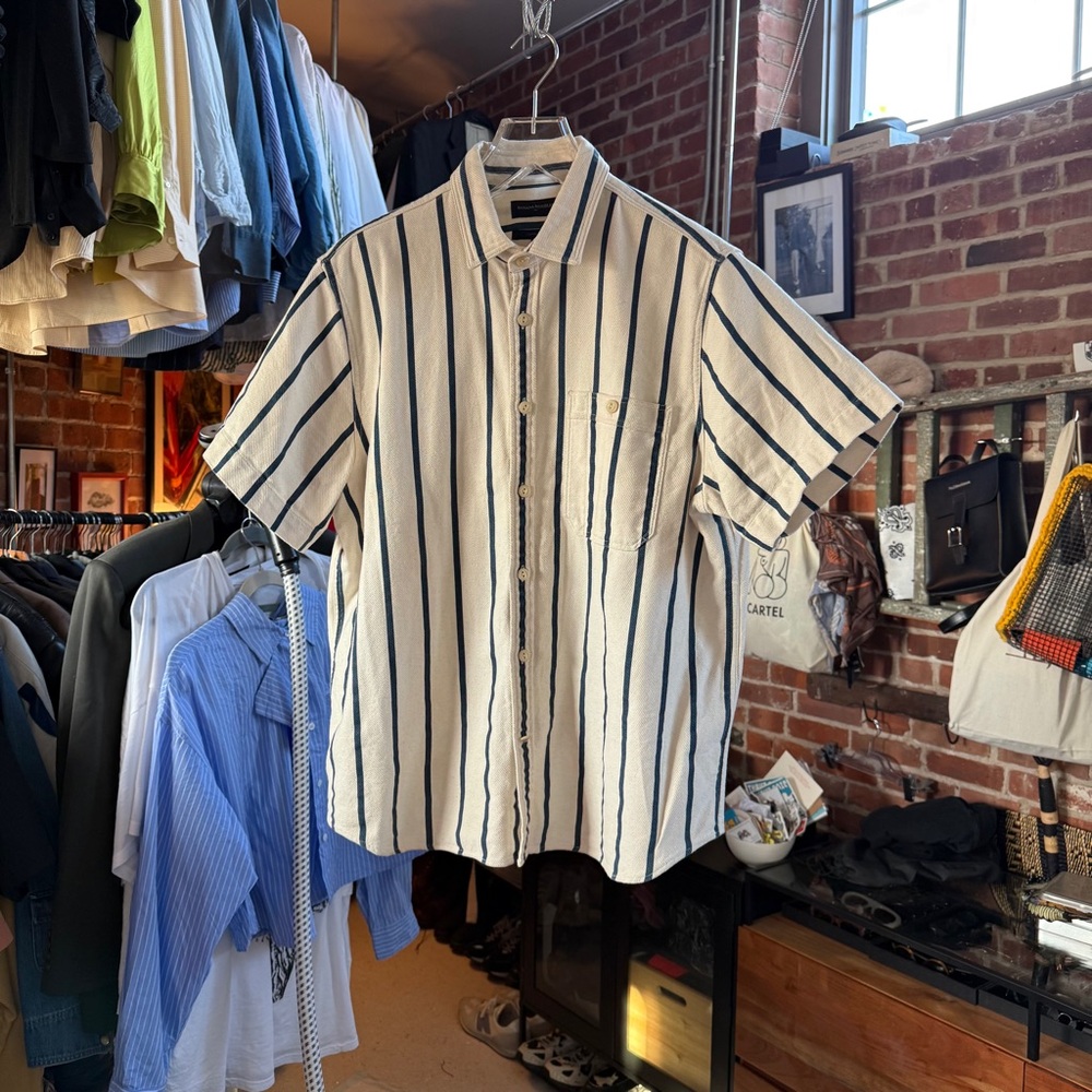 Banana Republic Men's Cream and Black Striped Shirt